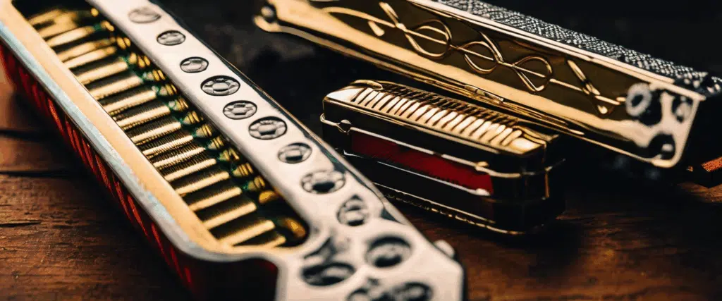 Gros plan sur des harmonicas diatoniques