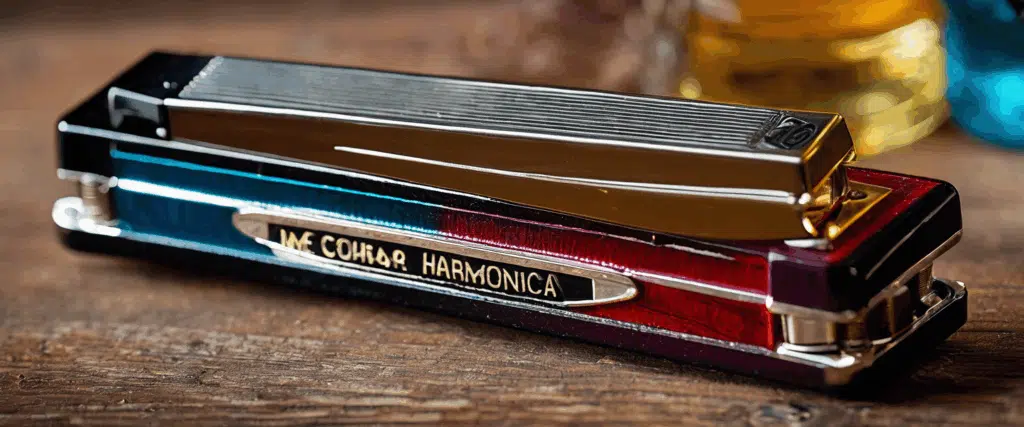 Harmonicas rouge et bleu posés sur une table en bois
