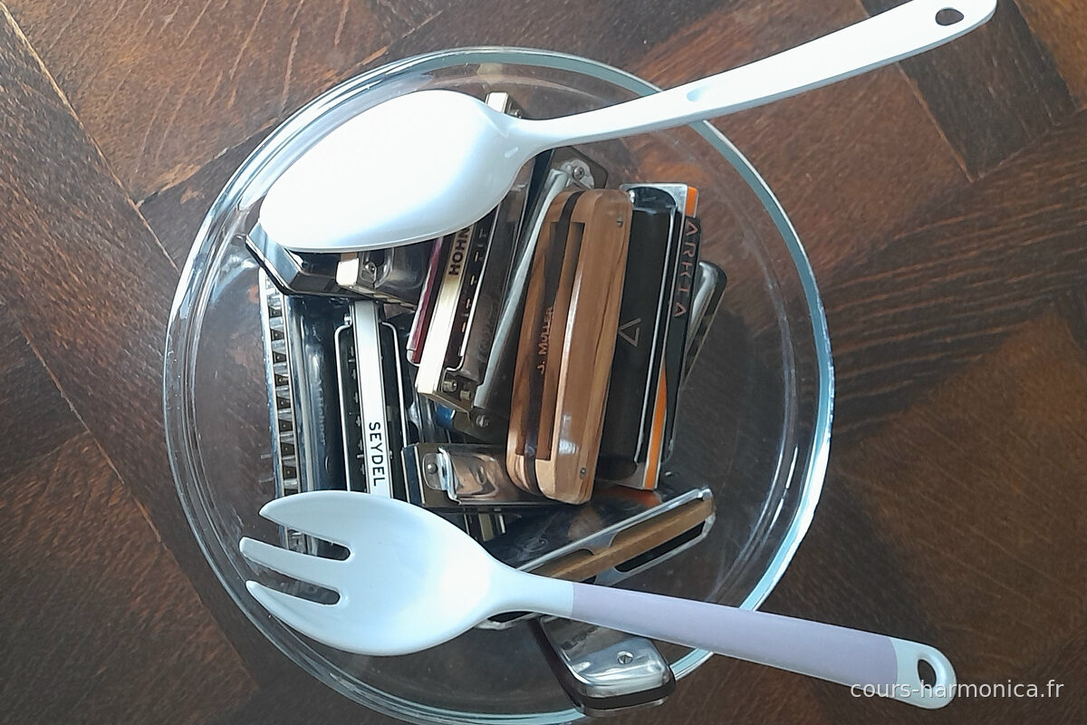 Saladier en verre rempli d'harmonicas avec couverts à salade (photo Alain Messier)
