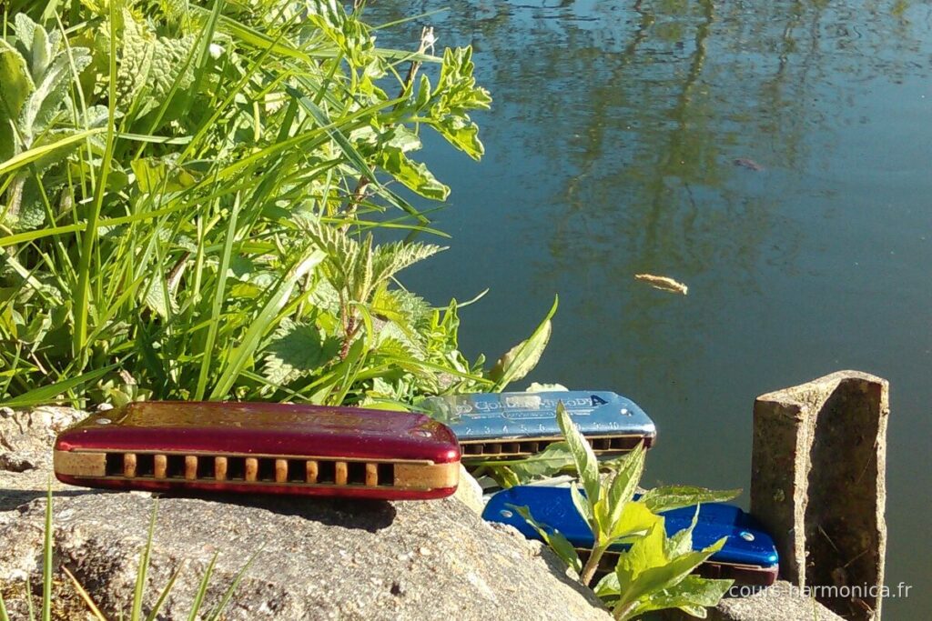 Deux harmonicas posés sur une pierre au bord d'une rivière (photo Alain Messier)